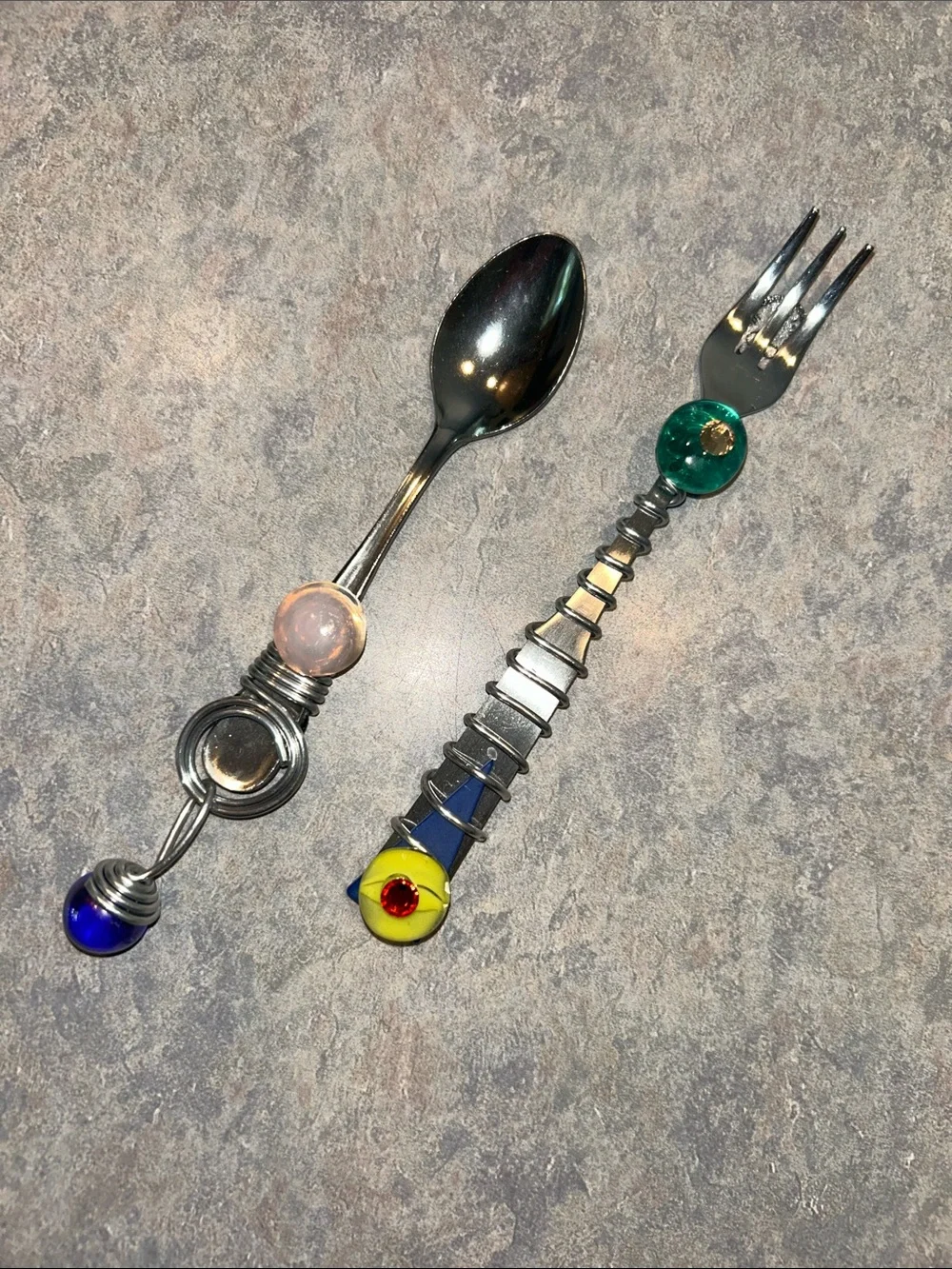 Dary Rees original Decorative Silver-Tone Spoon and Fork Set Colorful Beads
